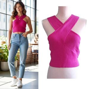 House of Harlow 1960 Hot Pink Ribbed Cross Over Halter Crop Top Large NWT